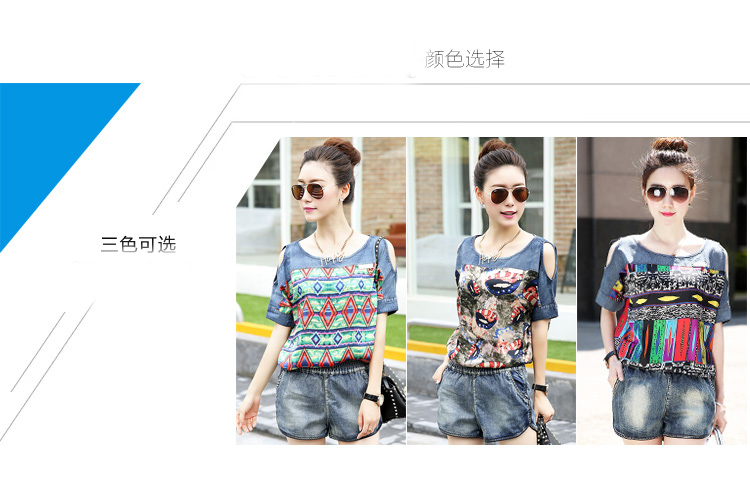 唐奇 雪纺衫女短袖2016夏装新款时尚女装牛仔短裤热裤三件套装 SY0032 粉色 XL