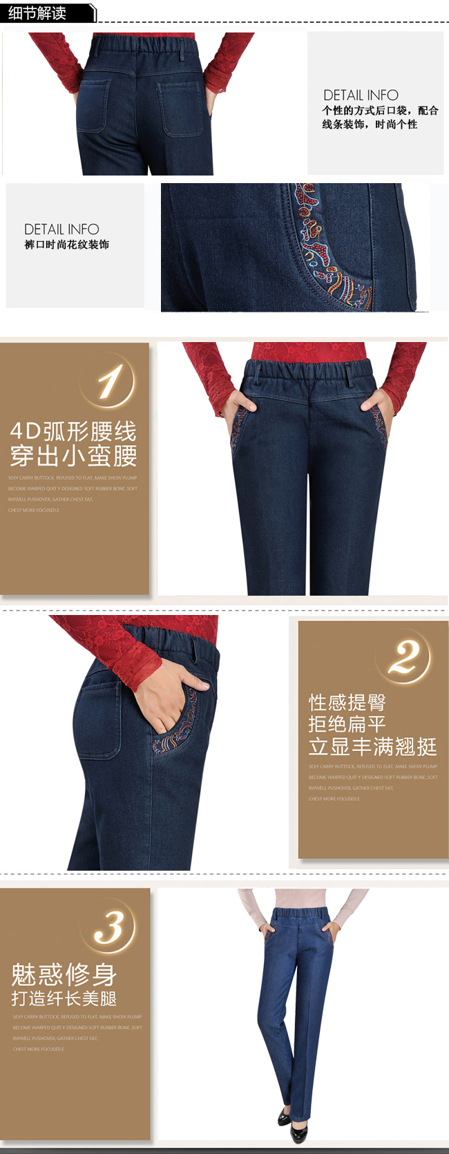 冬季款加绒女裤加厚中老年松紧女士直筒弹力妈妈裤牛仔裤加大码 怀旧蓝092 33码二尺六腰围