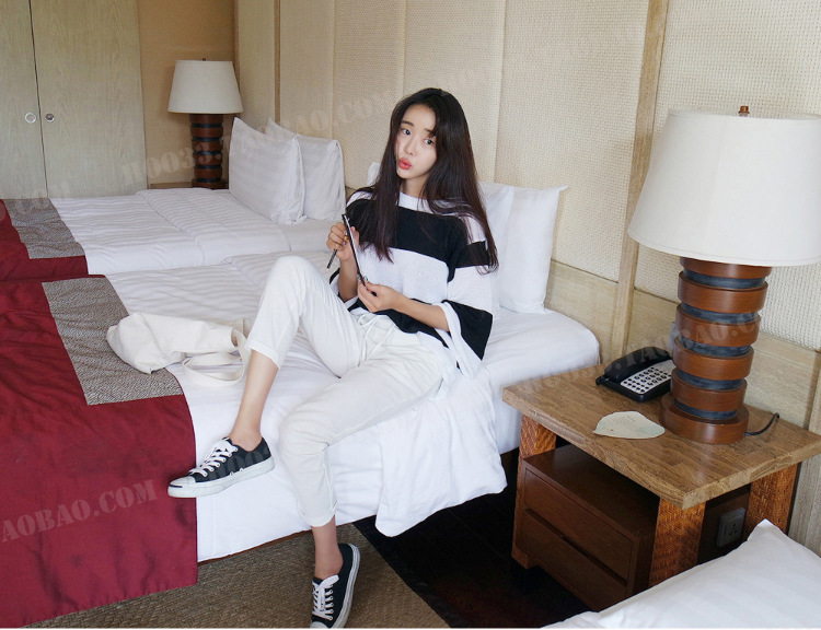 柳媛慵懒系薄款横条纹休闲简约宽松黑白撞色冰麻针织t短袖罩衫6141 米