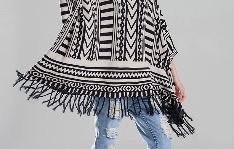 风之裙摆 2015春秋七分袖条纹欧洲站披肩外套中长款流苏披风 图片色