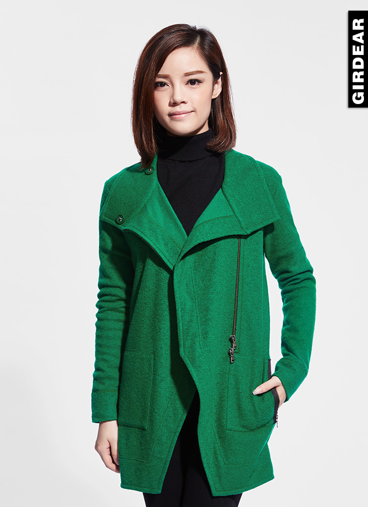 哥弟女装秋冬款时尚立领羊毛拉链羊毛大衣直身毛呢外套490037 蓝黑色 L(4码)