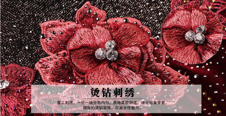 
                                        缤罗诗2017春季新款烫钻刺绣拼接金丝绒中老年大码女装妈妈装长袖连衣裙Q2456 红色长袖 XL                