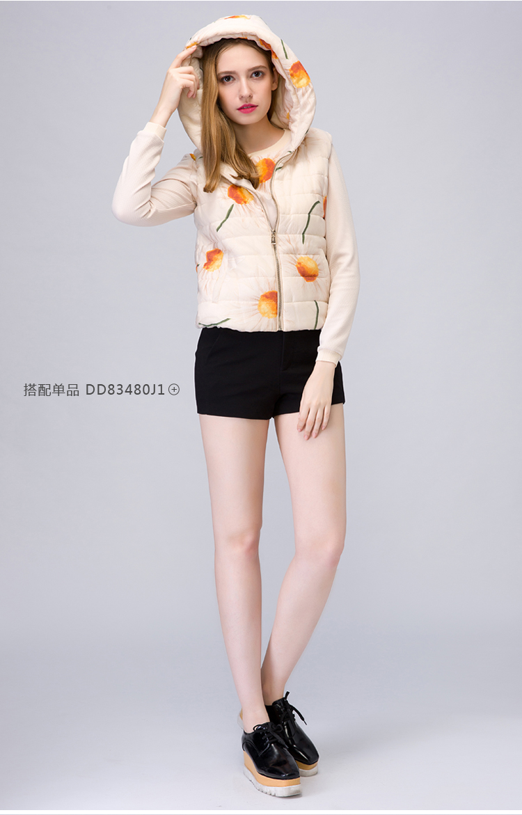 拍普儿 冬季2015新品女装优雅时尚连帽棉服短款印花马甲棉衣 花色 M