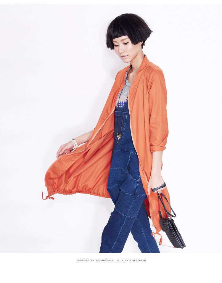 云上生活2016春季女装新款宽松立领风衣女中长款外套53W2834 桔红色 XL