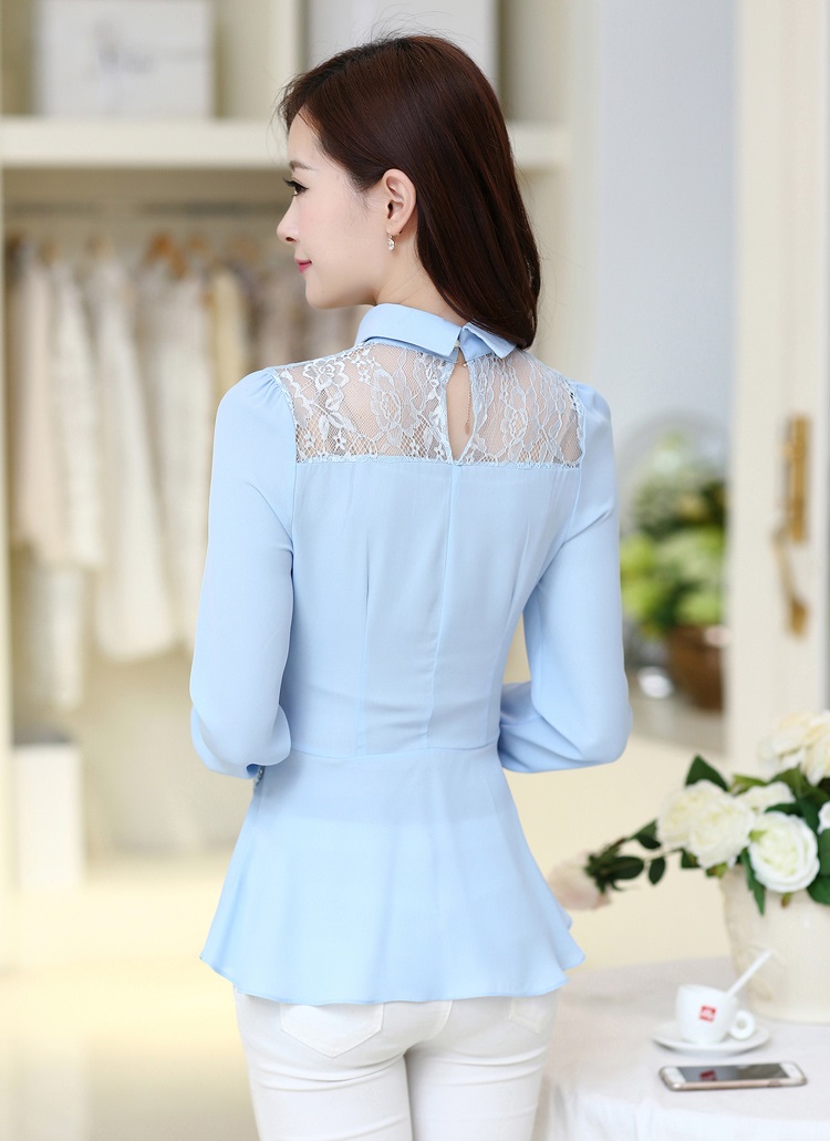 歌资妃2015秋季新款女装韩版淑女优雅蕾丝拼接娃娃领长袖雪纺衫女 上衣 白色 M