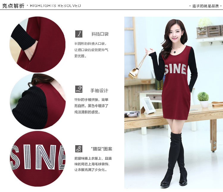 阿奴诗图(EANUSTUI)2015秋冬装新款女休闲 棉上衣韩版时尚百搭修身中长款长袖T恤 8805酒红色 M码 加绒