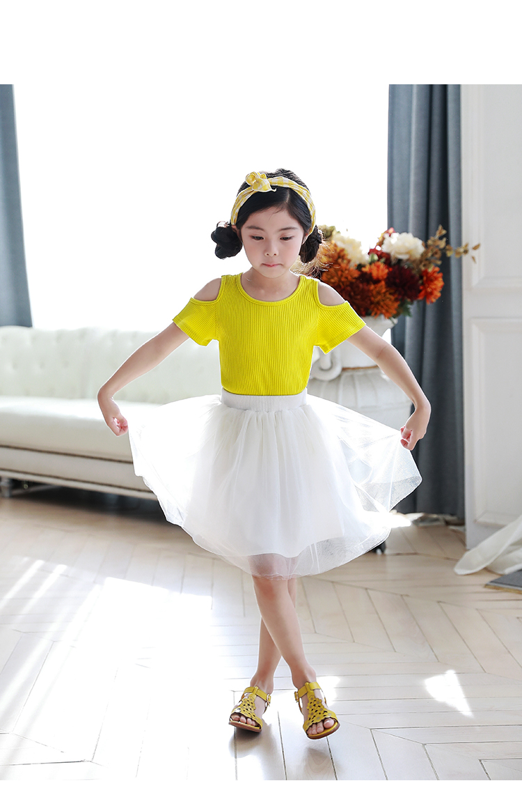 呱呱蛋黄色新款露肩上衣女童短袖t恤公主夏装韩版童装中大童弹力儿童