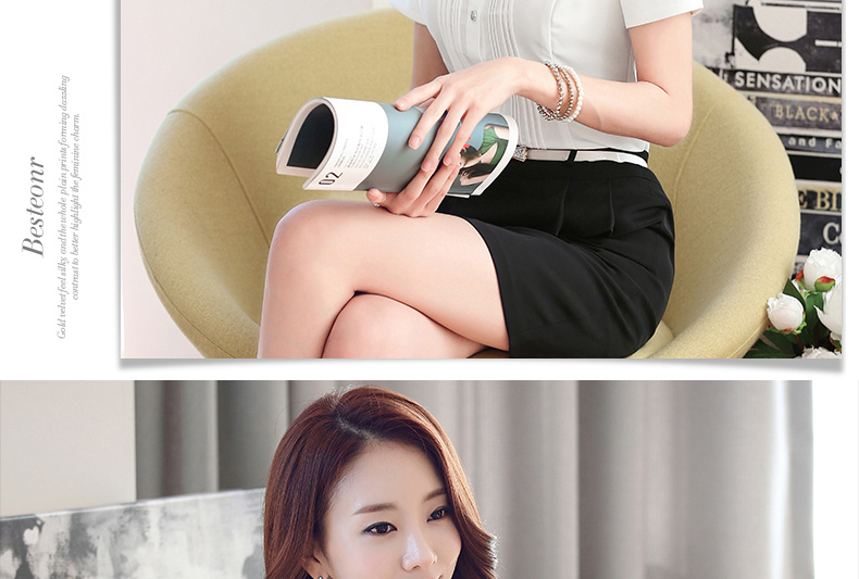 裳靓颍 2015新款显瘦女装半身裙韩版修身职业装衬衫女套装工作服 衬衫+西裙(6092+1008) XXXL