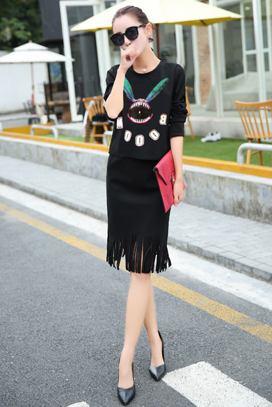 优艾2015秋装新款修身印花流苏两件套半身裙女3918 红色 XXL
