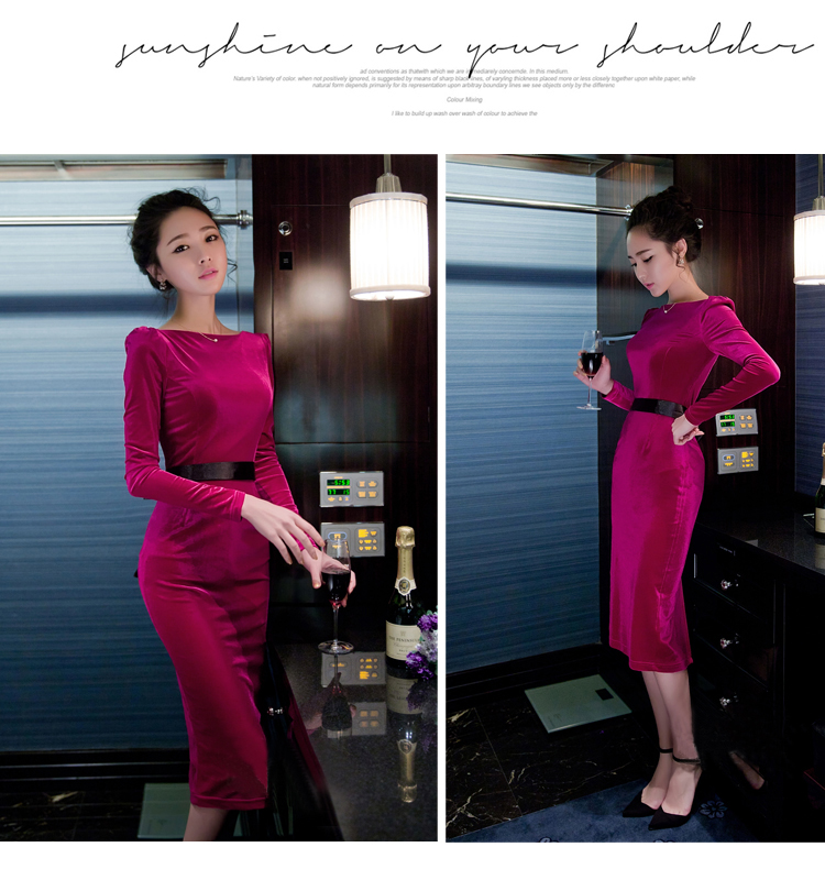 
                                                            蓝空气 晚礼服宴会酒会伴娘新娘结婚礼服秋冬款敬酒服女中长款包臀长袖性感修身长款连衣裙 玫瑰红色 S                