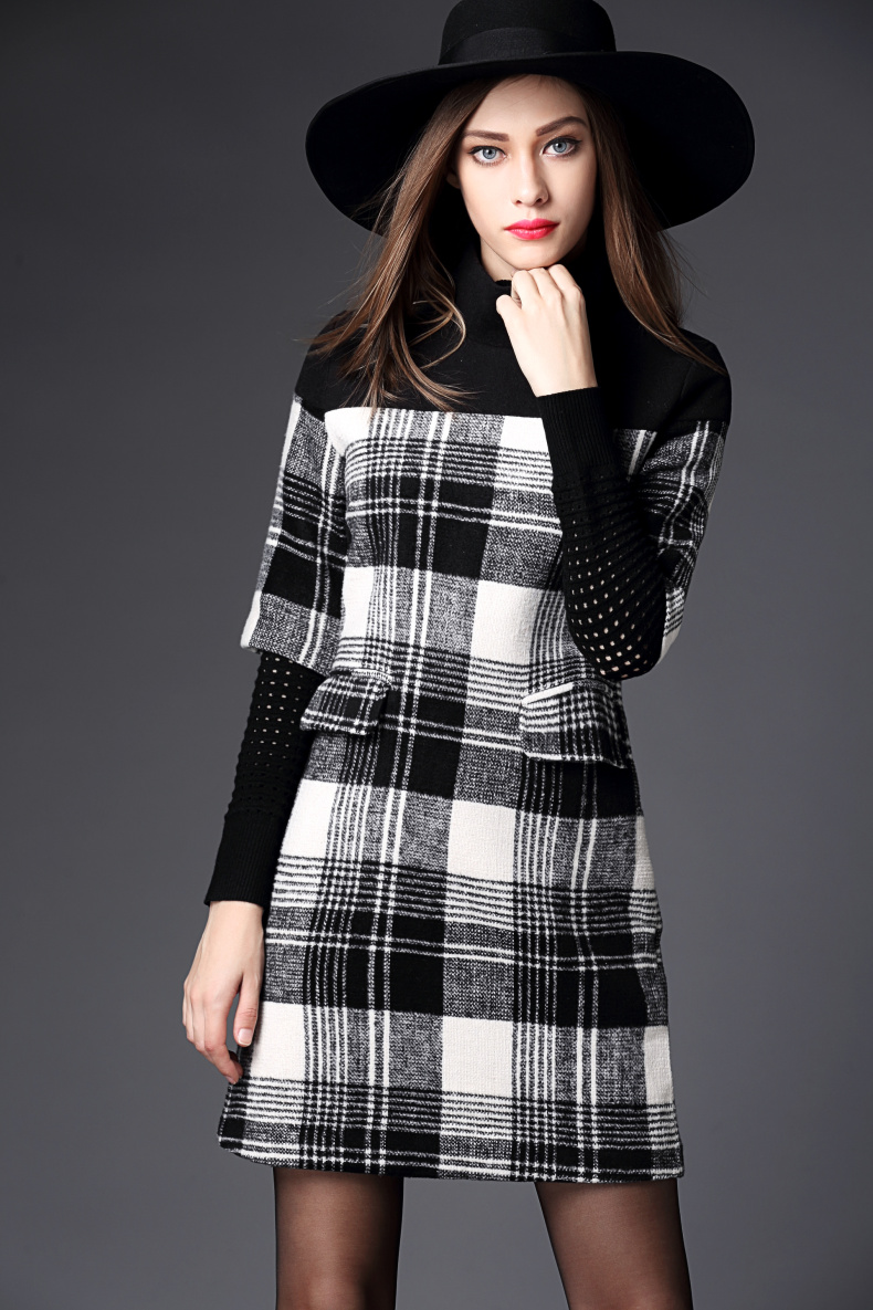 bomovo2016百季新款欧美大牌高领格子气质时尚连衣裙黑白格经典撞色