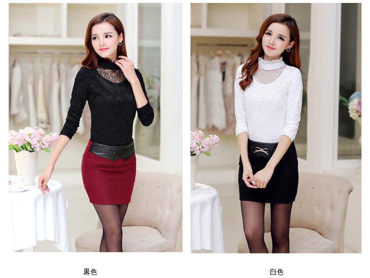 沫笙2015年秋冬季新款加绒加厚修身长袖蕾丝打底衫女m6301 黑色 L
