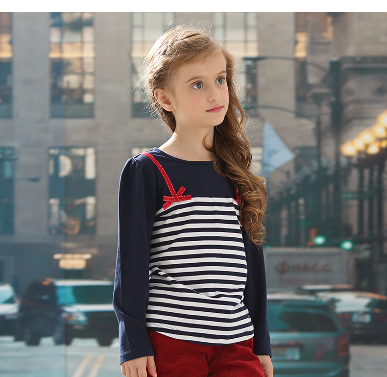 dh/丹尼爱特童装 女童秋季圆领上衣 儿童休闲t恤2015新品百搭 藏青