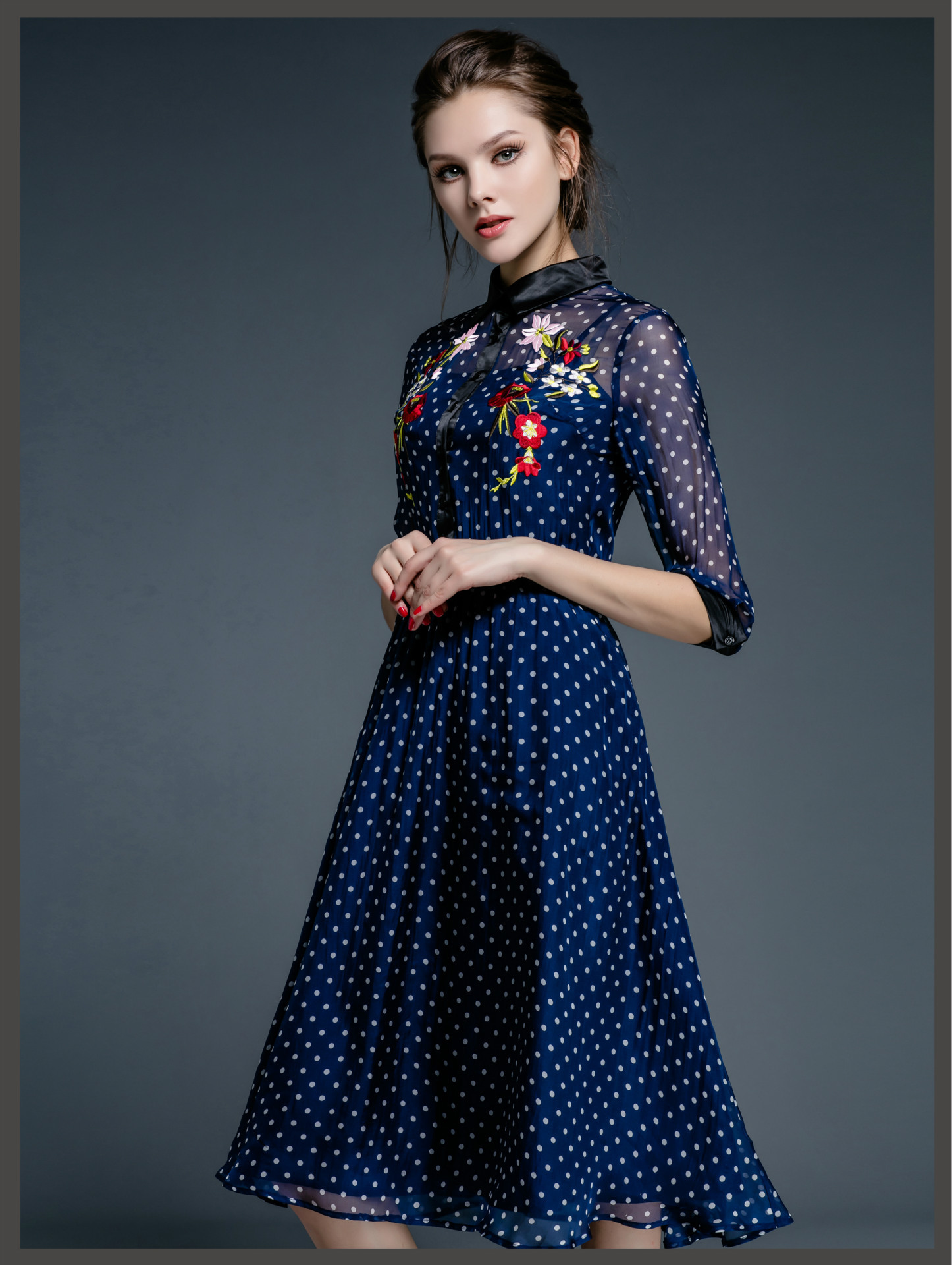 婷婷时尚店2016春装新款欧美绣花长裙 气质飘逸真丝连衣裙(n191) 黑色