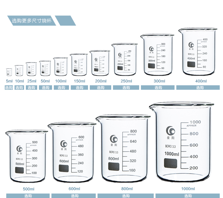 垒固 多种规格低型玻璃烧杯 25ml 50ml 100ml 150ml 250ml 200ml_ 1折