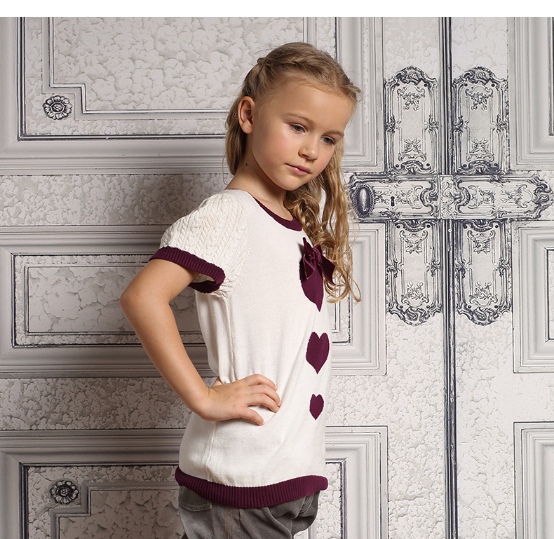 dh/丹尼爱特童装 女童圆领针织衫2015秋季新品儿童短袖上衣针织衫 米