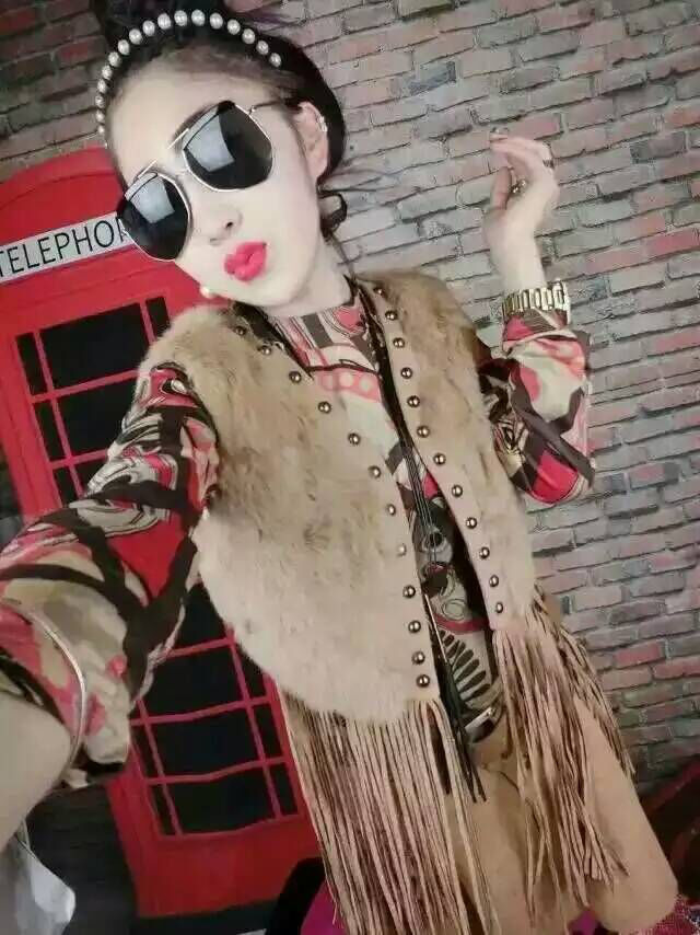 阿娜思2015拼接流苏马甲背心 黑色 均码