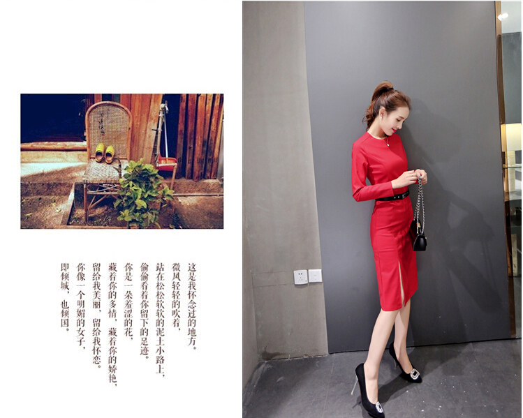 梵倲2015秋冬新款女装韩版修身a字长袖连衣裙秋中长款大码包臀针织裙XF08 铁锈色 L