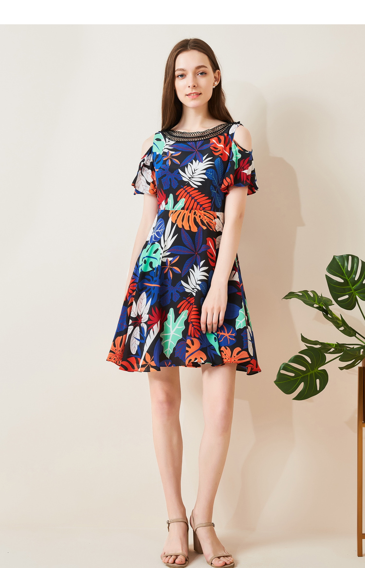 秋水伊人2018夏装新品女装短袖荷叶边真丝裙子修身印花连衣裙 藏青