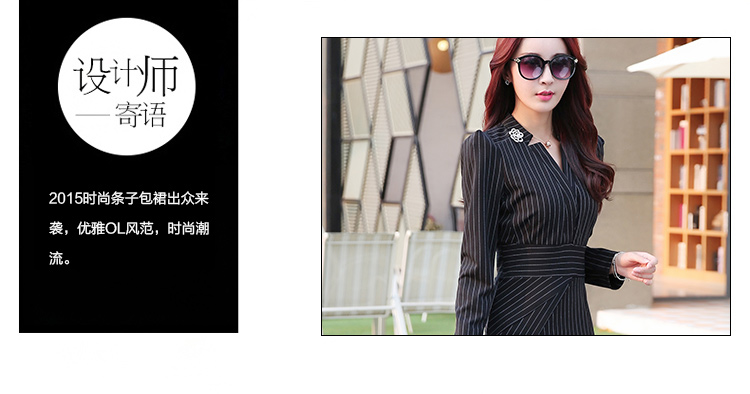 伽倩2016春季新款秋冬女装时尚职业气质修身条纹包臀打底长袖连衣裙A062# 黑条纹 L