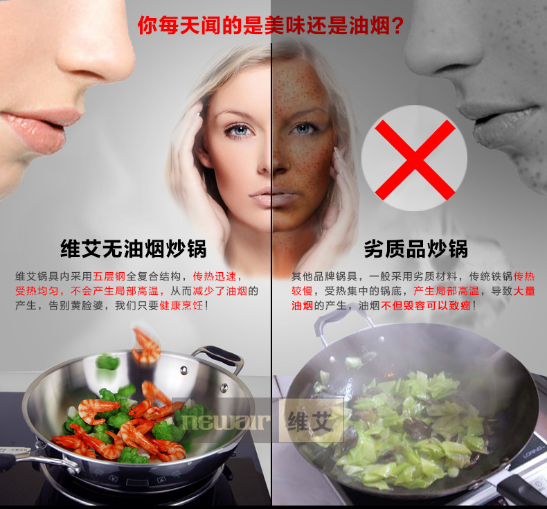 
                                        维艾炒锅不粘锅电磁炉不锈钢无油烟炒菜锅无涂层无烟不沾锅具32cm                