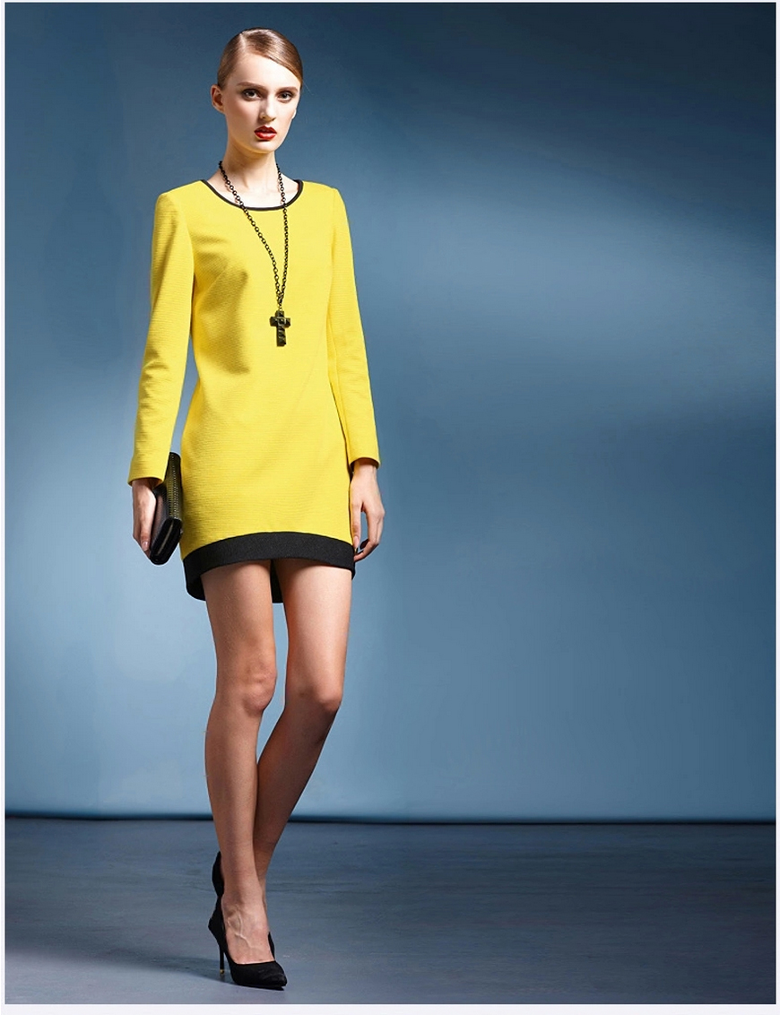 婼黛芬2015秋冬季新款长袖修身显瘦圆领连衣裙rbh9085 黑色 m