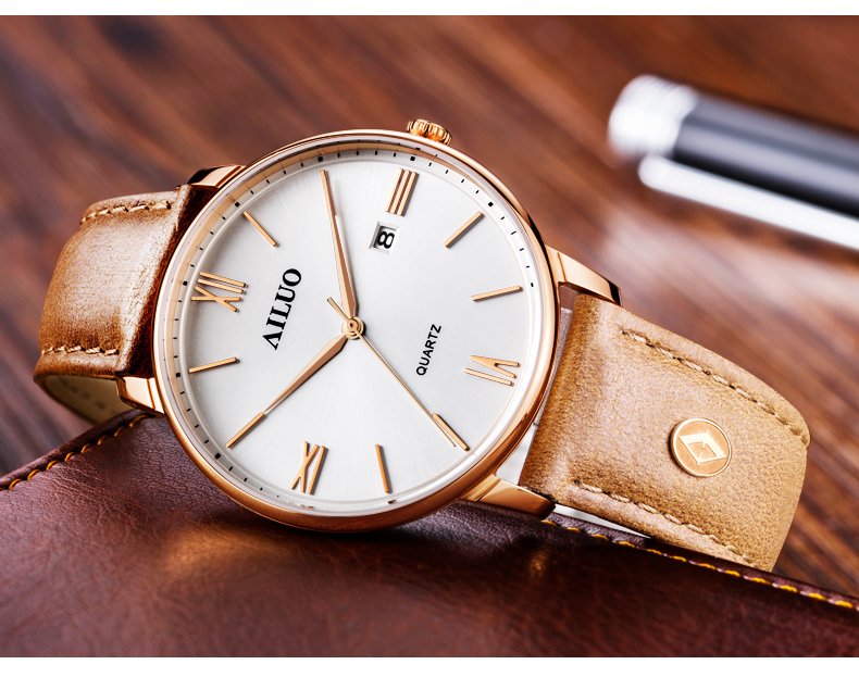 艾诺(ailuo) 手表 超薄男士手表双日历男表防水商务石英情侣表钟表 白