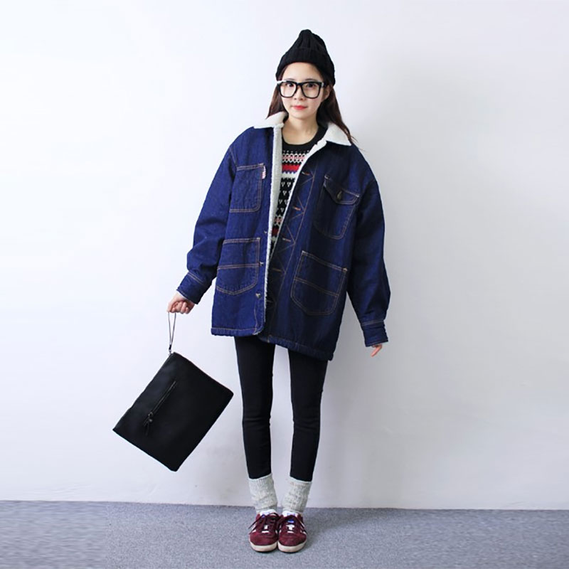 【阿美氏】JQ1/955女装羊羔绒牛仔大外套风衣.秋冬复古宽松翻领长袖.加大码加绒加厚长款 图片色 L码/大码