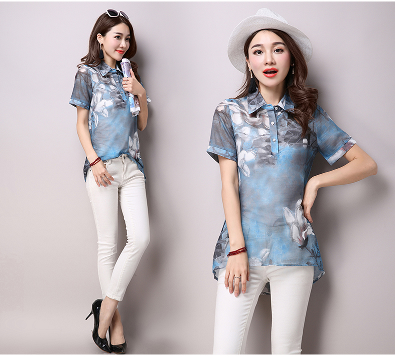 雪夕2016夏装新款女装花色短袖衬衫 韩版印花中长款雪纺衫 灰色 m