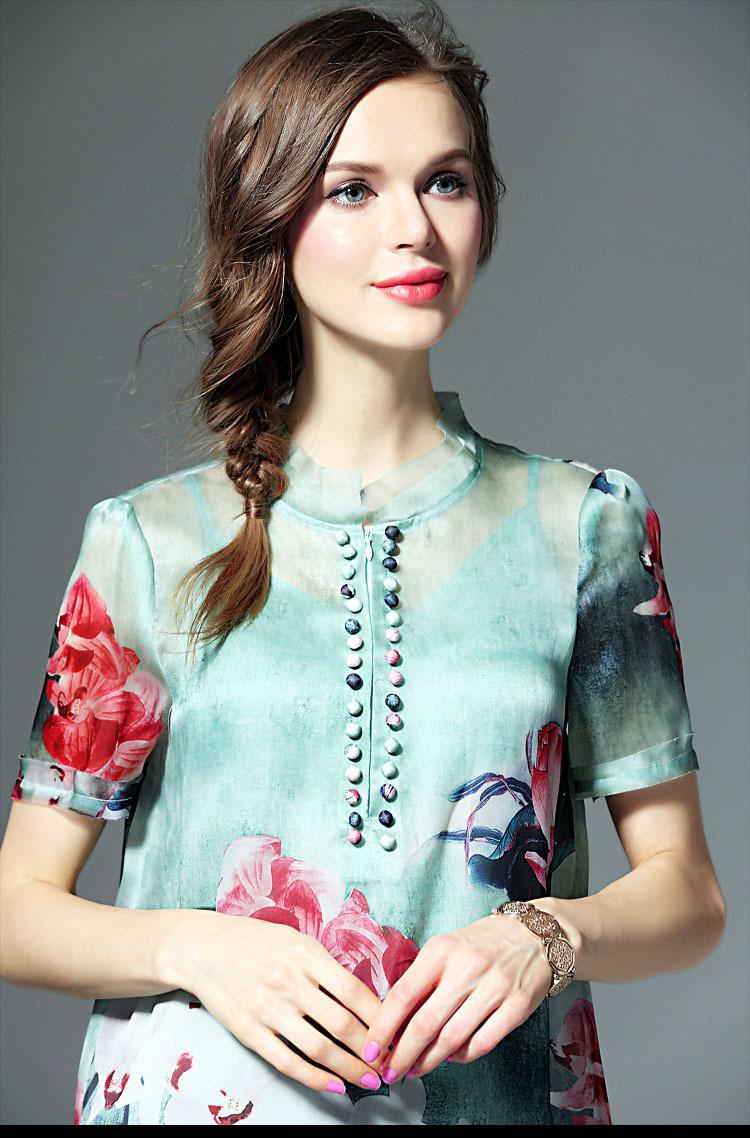 沐欣店2016夏季新款女时尚复古真丝柯根缎印花潮流开叉两件套短袖