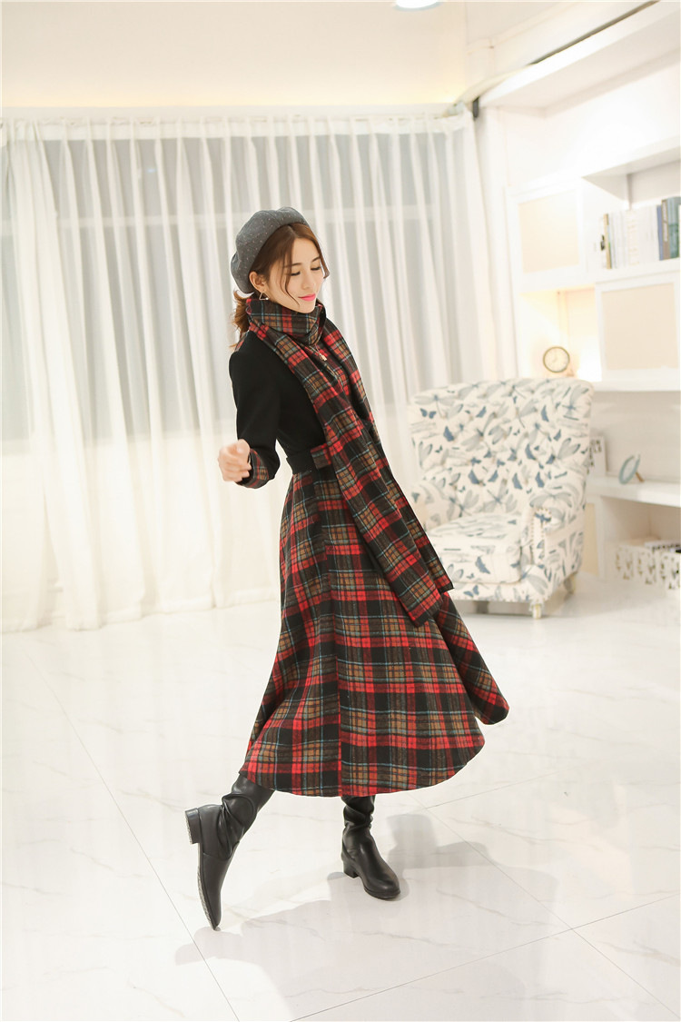 珮缨 修身显瘦气质拼接毛呢裙复古格子长裙jw8089g535 红格子 l