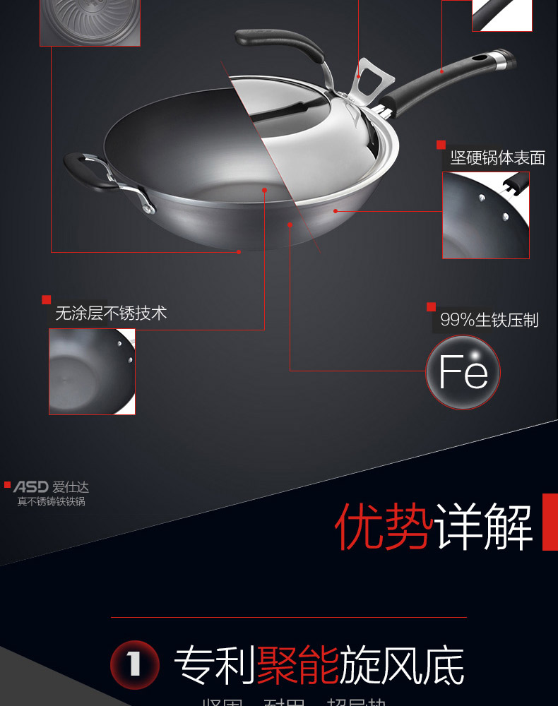 
                                        
                                        爱仕达（ASD） 炒锅电磁炉通用无涂层炒菜锅32cm新三代不锈聚能旋风精铁锅WG8332ELX                