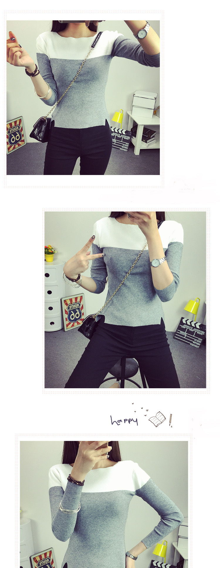 
                                        蓝绒飞 2016秋冬装新款毛衣套头女上衣宽松百搭打底衫女装8039 灰色 均码                