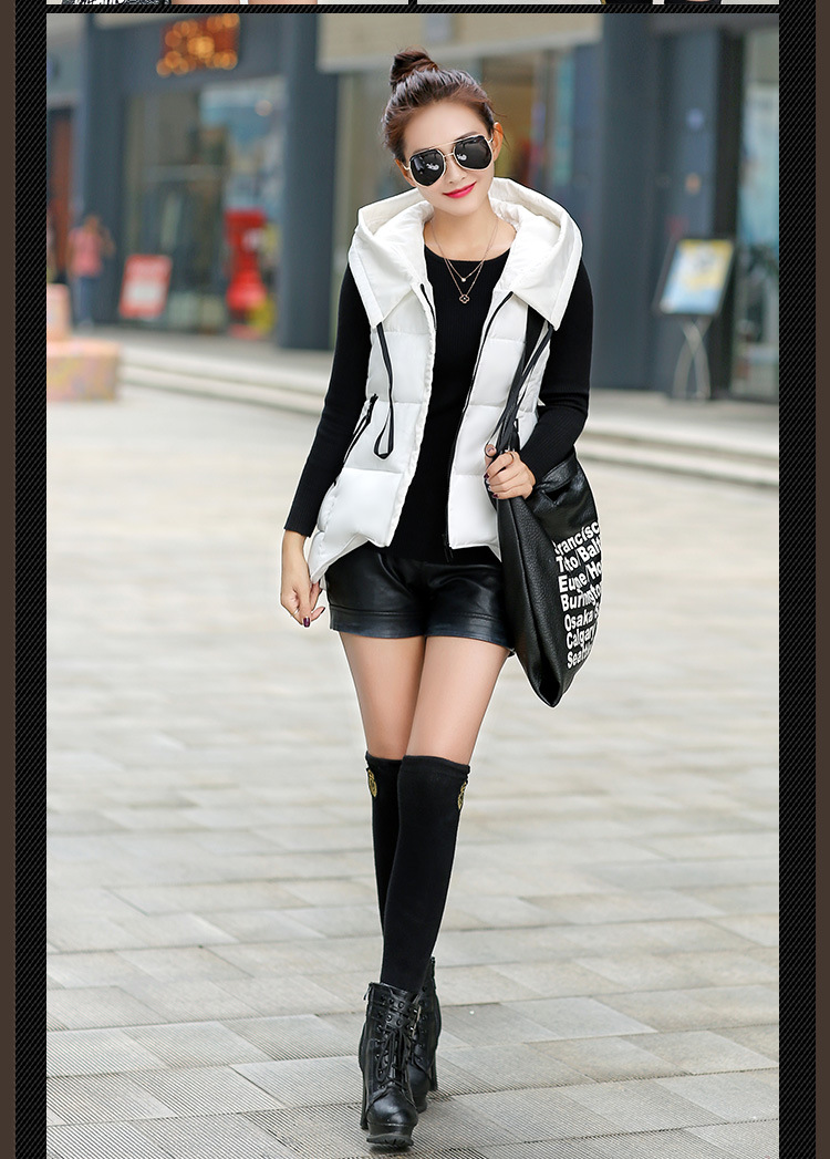 韩文2015秋冬新款羽绒棉服连帽外套马夹中长款背心马甲女潮 黑色 XL