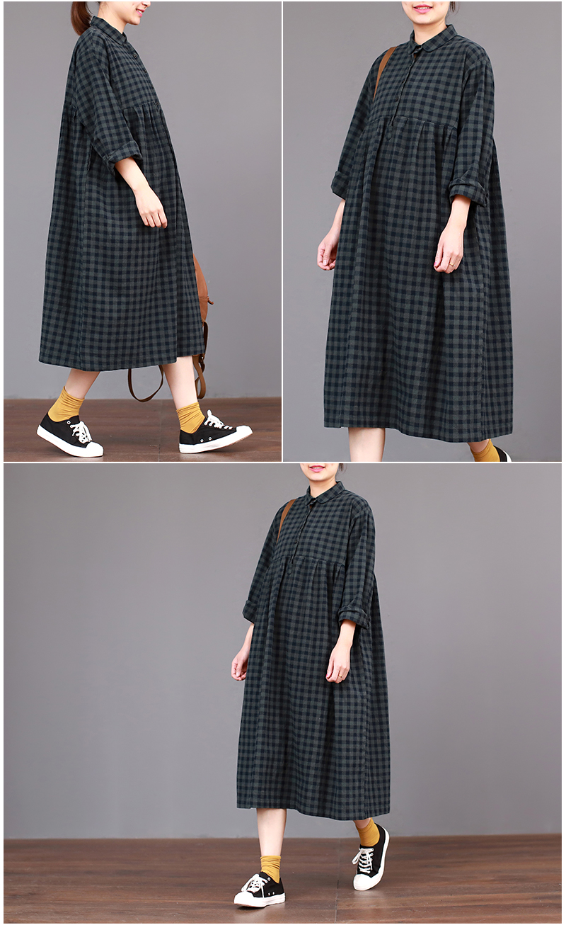 夏尔维纳素品 文艺宽松大码女装格子裙中长款春装翻领棉麻连衣裙长袖