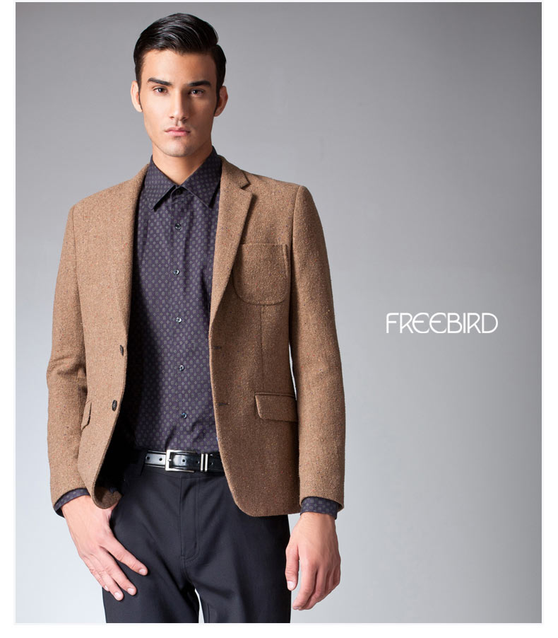 自由鸟冬装新款男士羊绒西装修身商务休闲毛呢西服外套32124193k4驼色