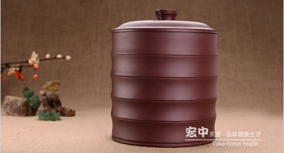 宏中 -宜兴紫砂茶叶罐 手工 储茶罐 醒茶罐 普洱罐7饼装 多层紫泥竹节罐