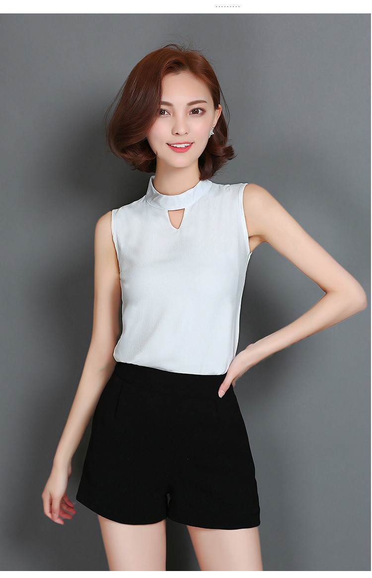 艾璐衣娜 新款雪纺无袖衬衫韩版v字领宽松显瘦女上衣百搭露肩衫 白色