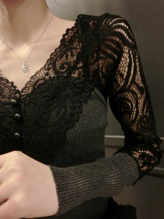 佩丝娜.秋冬款小衫女t恤短款紧身内搭蕾丝打底衫大码针织衫上衣长袖 深灰色 M
