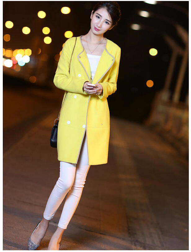 婕芙兰 2015秋装新款韩版中长款呢子风衣外套 5375 明黄色 XL