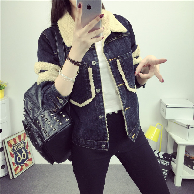 Laconemon 2015秋冬新款牛仔外套女韩版加绒长袖单排扣 蓝色 XL