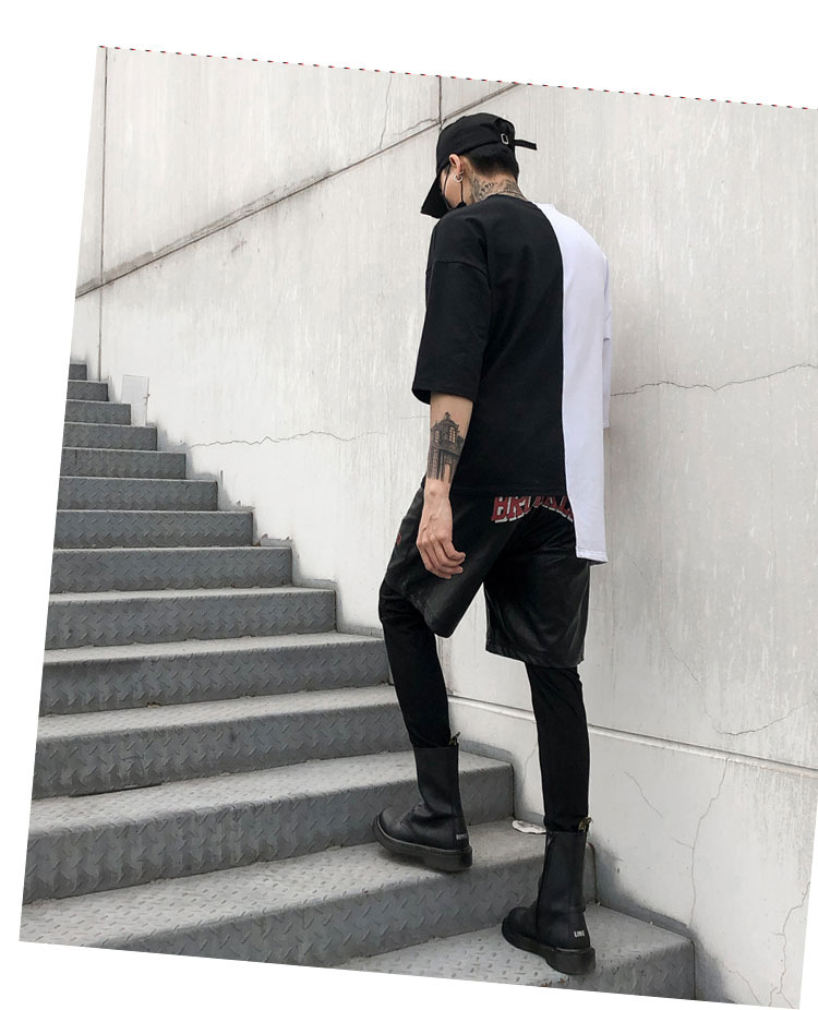 uyuk休闲裤男2018春夏男士假两件个性皮短裤紧身裤韩版暗黑国潮夜场