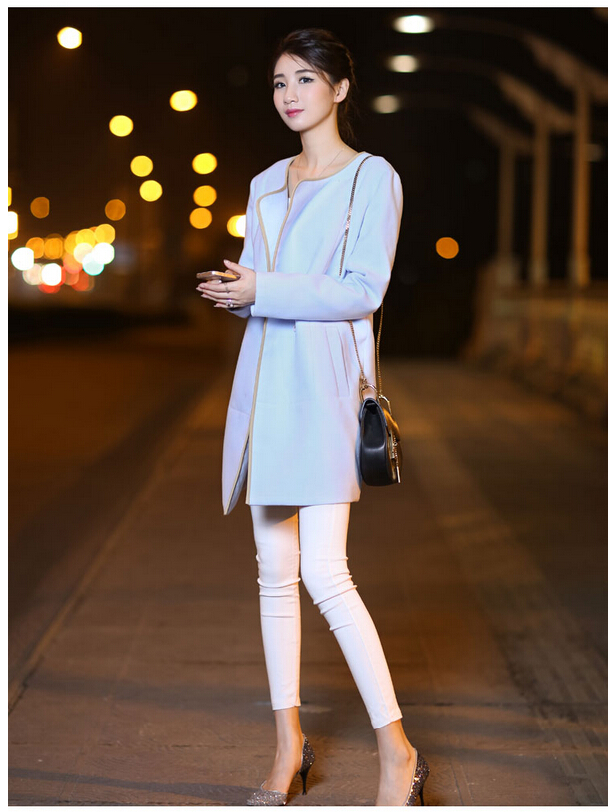 婕芙兰 2015秋装新款韩版中长款呢子风衣外套 5375 明黄色 XL