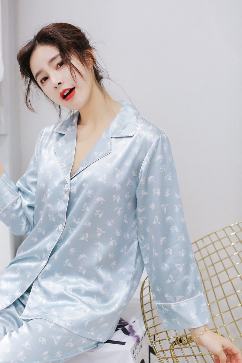 睡衣女春夏秋韩版两件套印花长袖冰丝仿真丝绸家居服薄款2018新款