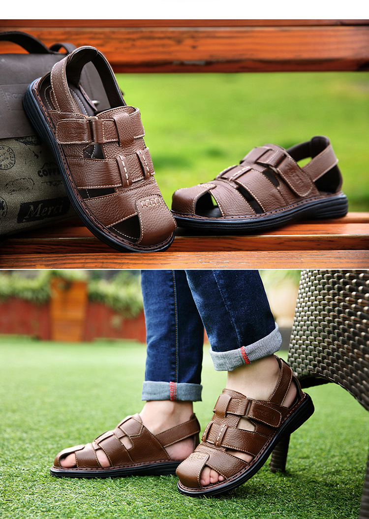 2018新品男士凉鞋新款夏天真皮商务休闲鞋子男款老人沙滩鞋软底防滑土