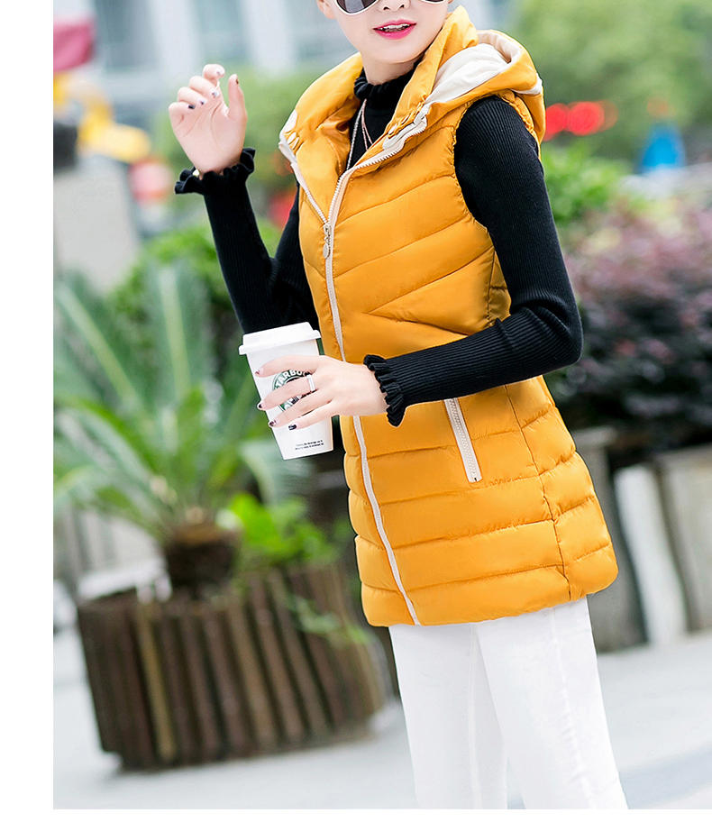 婕诗娅实拍中长款马甲2015秋冬季新款羽绒棉服连帽外套马夹背心女潮 米白色 L