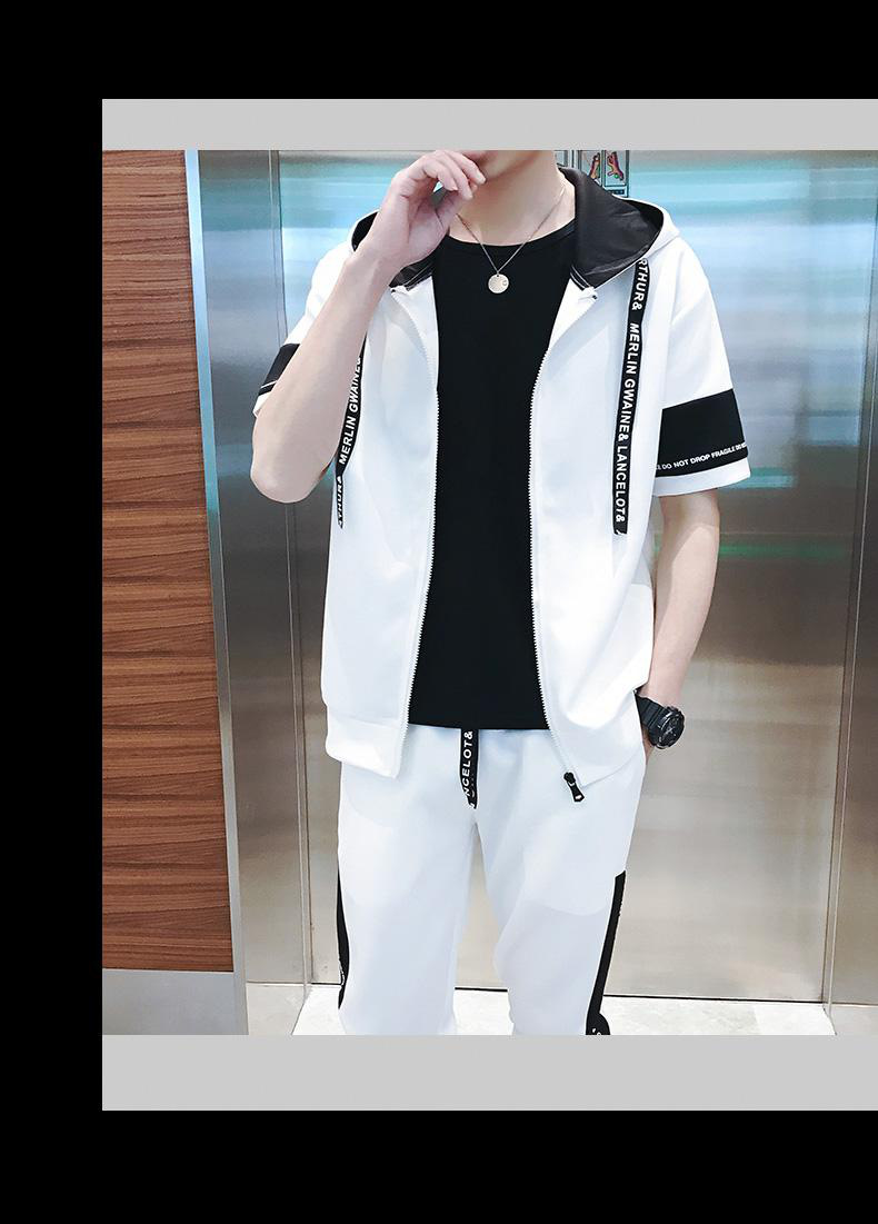 琛倪春夏季运动套装男短袖t恤男套装男士跑步运动休闲套装衣服w 白色