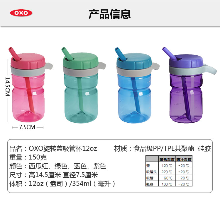 
                                        美国进口OXO奥秀成人/宝宝通用354ml旋转盖吸管杯9102300 红色                
