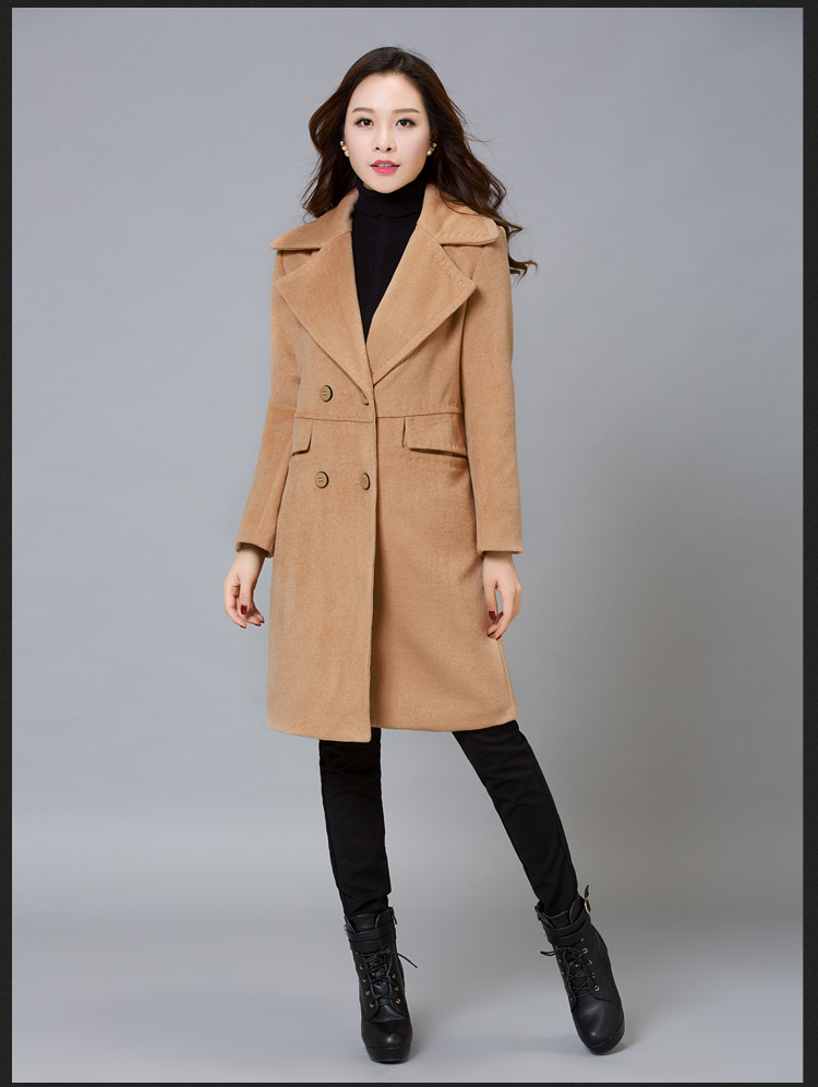 拾上2015秋冬装新款中长款双排扣韩版毛呢大衣外套女 红色 M