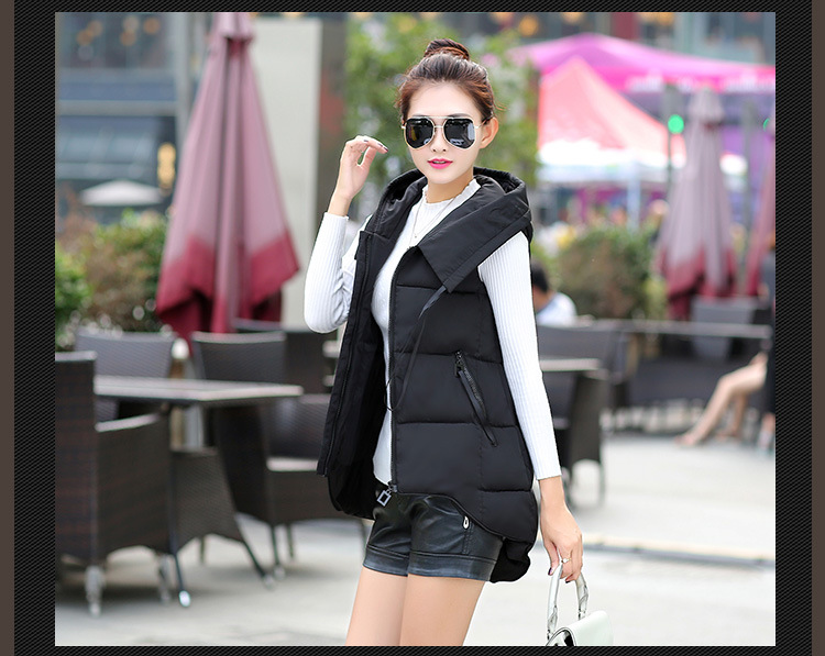 韩文2015秋冬新款羽绒棉服连帽外套马夹中长款背心马甲女潮 黑色 XL